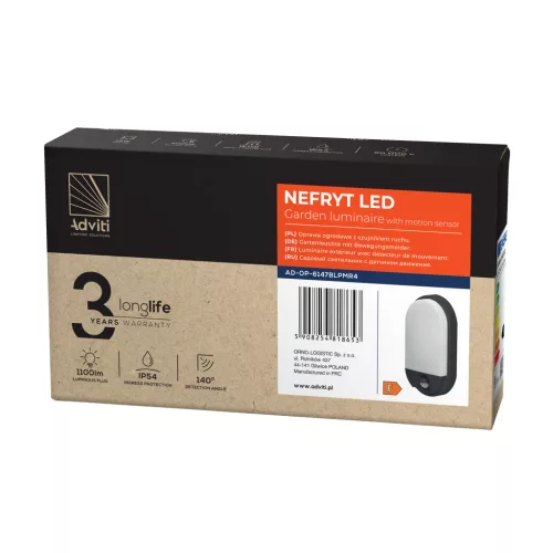 NEFRYT LED 15W, kerti lámpatest mozgásérzékelővel, 1100lm, IP54, 4000K, fekete