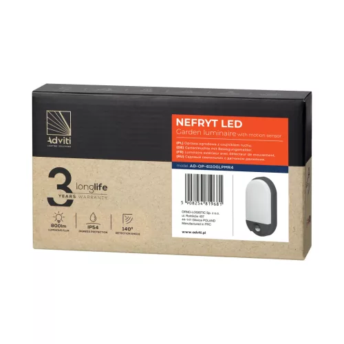 NEFRYT LED 10W, kerti lámpatest PIR mozgásérzékelővel, 800lm, IP54, 4000K, szürke