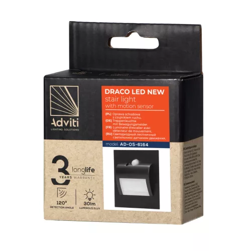 DRACO LED NEW 1.5W, süllyesztett lépcsőházi lámpa, 12VDC, 30lm, 3000K, fekete, mozgás- és alkonyérzékelővel