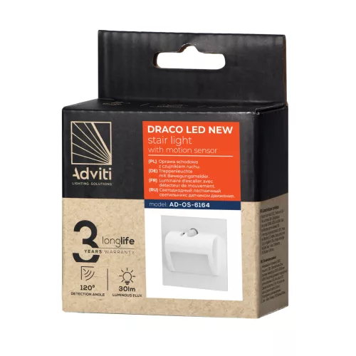 DRACO LED NEW 1.5W, süllyesztett lépcsőházi lámpa, 12VDC, 30lm, 4000K, fehér, mozgás- és alkonyérzékelővel
