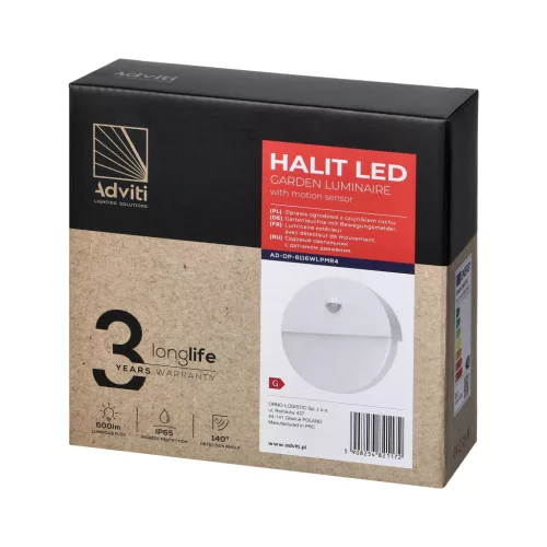 HALIT LED 10W, kerti lámpatest mozgásérzékelővel 140°, 600lm, IP65, 4000K, IK10, fehér