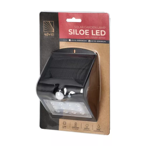 SILOE LED 1.5W, napelemes lámpa mozgásérzékelővel 120°, 190lm, IP65, 4000K, 1200mAh, dupla fényforrás, fekete