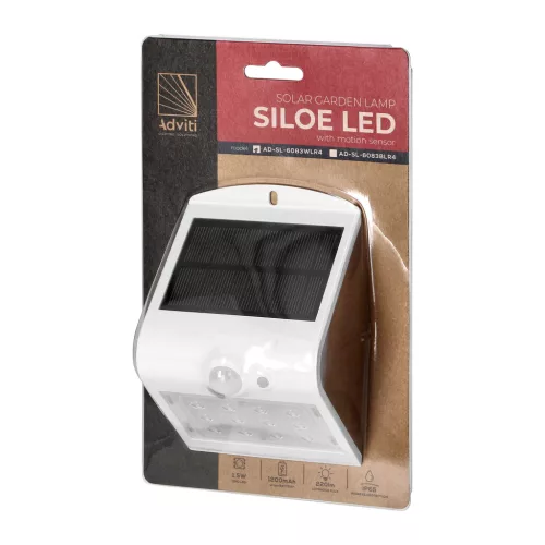 SILOE LED 1.5W, napelemes lámpa mozgásérzékelővel 120°, 190lm, IP65, 4000K, 1200mAh, dupla fényforrás, fehér
