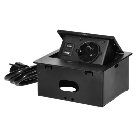   Süllyesztett bútoraljzat USB töltővel és 1,5 m-es kábellel, 1x2P+Z Schuko, 2xUSB (A típusú, 2,1A), lapos mart peremmel, fekete