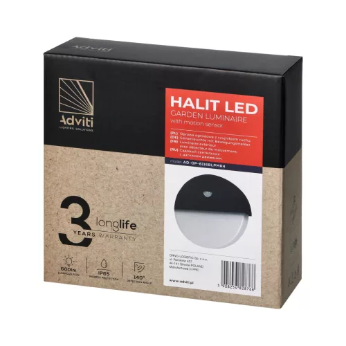 HALIT LED 10W, kerti lámpatest mozgásérzékelővel 140°, 600lm, IP65, 4000K, IK10, fekete