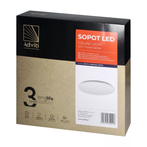 SOPOT LED 18W, mennyezeti lámpa mikrohullámú mozgásérzékelővel, 1880lm, IP20, 4000K, PVC lámpaernyő