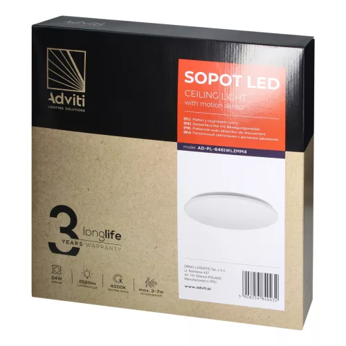 SOPOT LED 24W, mennyezeti lámpa mikrohullámú mozgásérzékelővel, 2565lm, IP20, 4000K, PVC lámpaernyő