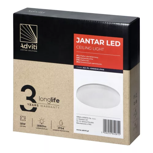 JANTAR LED 18W, mennyezeti lámpa, 1880lm, IP54, 4000K, PC lámpaernyő
