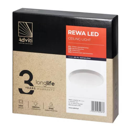 REWA LED 18W, mennyezeti lámpa, 1880lm, IP65, 4000K, PC lámpaernyő