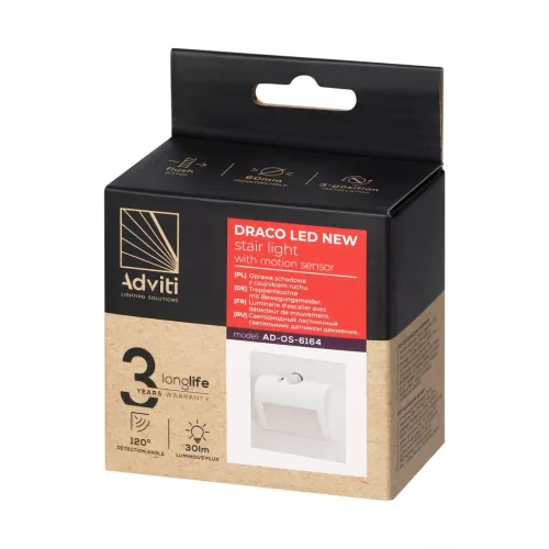 DRACO LED NEW 1.5W, süllyesztett lépcsőházi lámpa, 12VDC, 30lm, 3000K, fehér, mozgás- és alkonyérzékelővel
