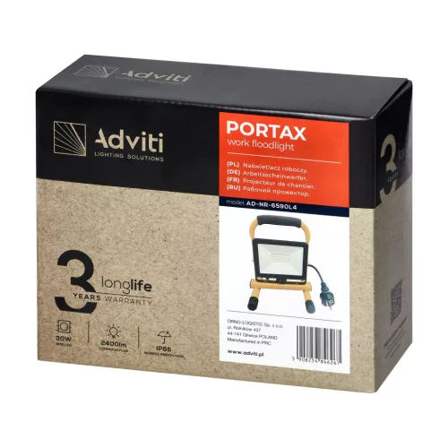PORTAX háromlábú munkalámpa, 30W, 2400lm, IP65, 4000K