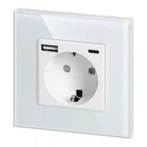 Egyes aljzat 2P+Z, Schuko, USB-A + USB-C, kimenet 5VDC max. 3A, fehér