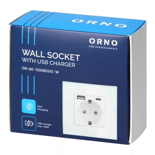 Egyes aljzat 2P+Z, Schuko, USB-A + USB-C, kimenet 5VDC max. 3A, fehér