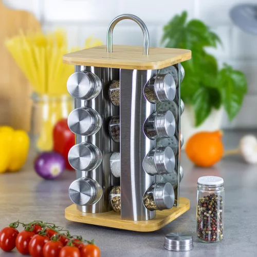 Tárolóedény, fűszertartó, acél-üveg-bambusz, 17 darabos Klausberg elem készlet
