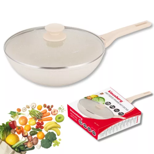 Márvány wok serpenyő, 28 cm, krémszínű, fedővel, klausberg kb-7991