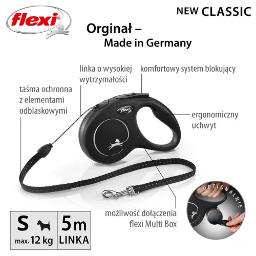Flexi automata póráz New Classic S 5 m-es zsinórral - 12 kg-os kutyák számára, fekete