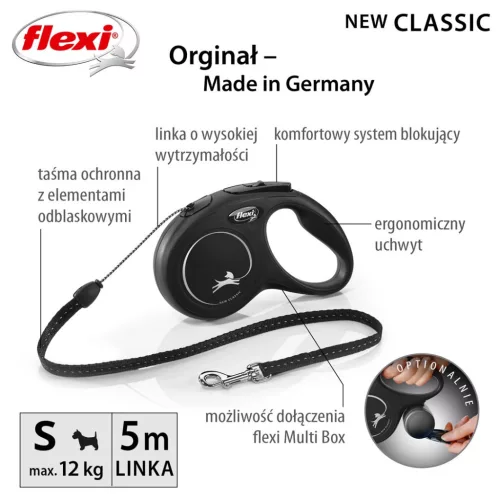 Flexi automata póráz New Classic S 5 m-es zsinórral - 12 kg-os kutyák számára, fekete