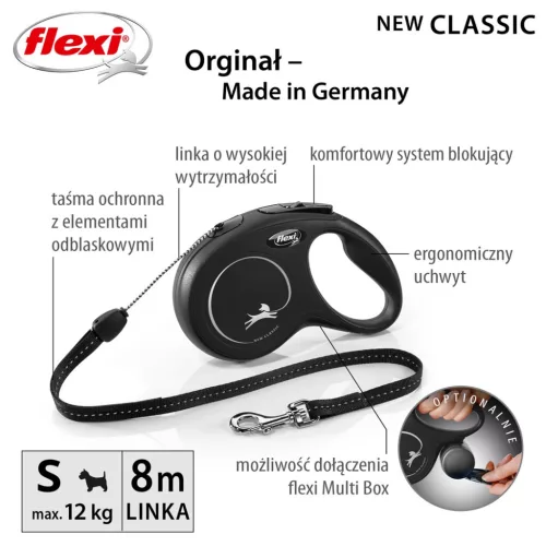 Flexi automata póráz New Classic S zsinórral 8 m - kutyáknak 12 kg-ig, fekete
