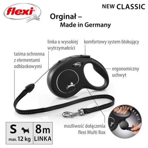 Flexi automata póráz New Classic S zsinórral 8 m - kutyáknak 12 kg-ig, fekete