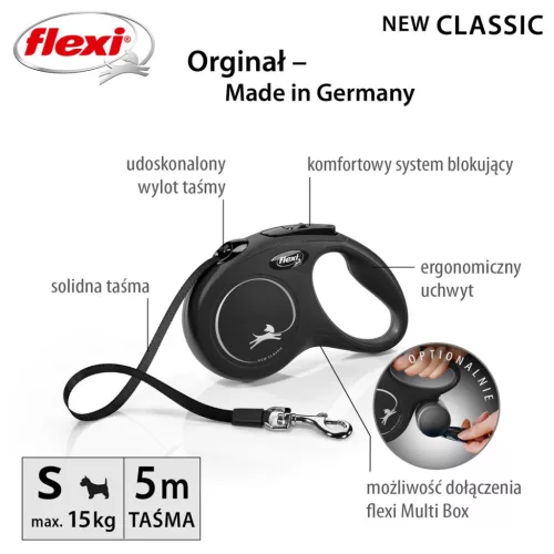 Flexi automata póráz new classic s fekete - szalagos kutyáknak 15 kg-ig - 5 m