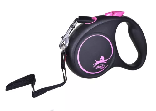 Flexi automata póráz fekete dizájnú szalaggal 5 m - kutyáknak 15 kg-ig, rózsaszín