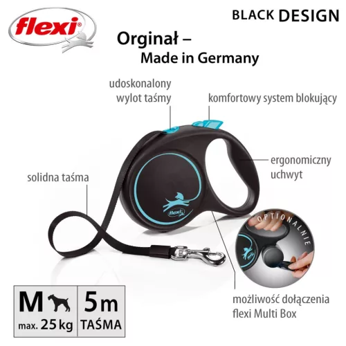Flexi automata póráz fekete kivitelben, 5 m-es szalaggal - 25 kg-os kutyák számára, kék színben