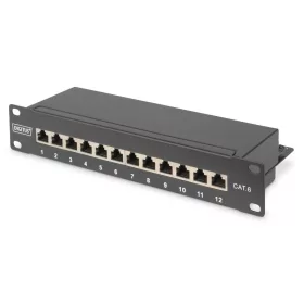   10"-os patchpanel 12 portos, cat.6, s/ftp, 1u, kábeltartó, fekete (komplett)