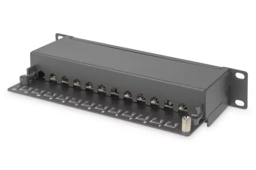 10"-os patchpanel 12 portos, cat.6, s/ftp, 1u, kábeltartó, fekete (komplett)