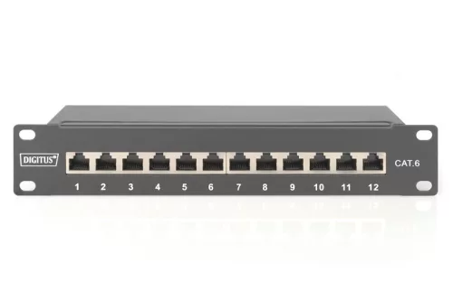 10"-os patchpanel 12 portos, cat.6, s/ftp, 1u, kábeltartó, fekete (komplett)