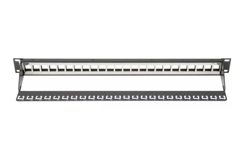 Moduláris patchpanel 19" 24 portos Keystone modulokhoz, 1u, árnyékolt, kábelvezetővel, feliratozó mezőkkel, fekete