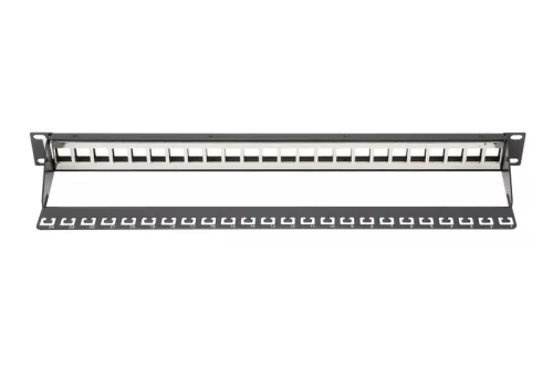 Moduláris patchpanel 19" 24 portos Keystone modulokhoz, 1u, árnyékolt, kábelvezetővel, feliratozó mezőkkel, fekete
