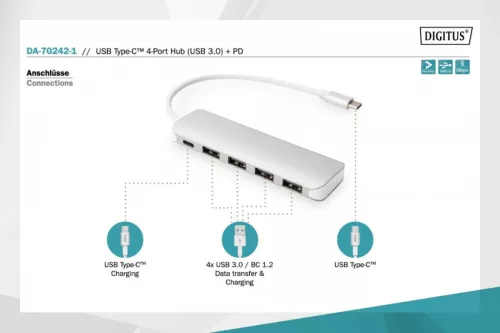 4 portos USB 3.0 szupergyors hub C típusú tápellátással, alumínium