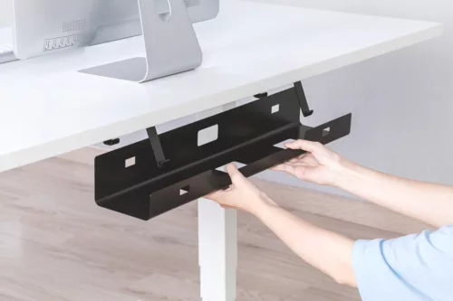 Acél kábel-/elosztócsatorna asztal alatt, konzolokkal, csavaros rögzítés, 60 cm, fekete