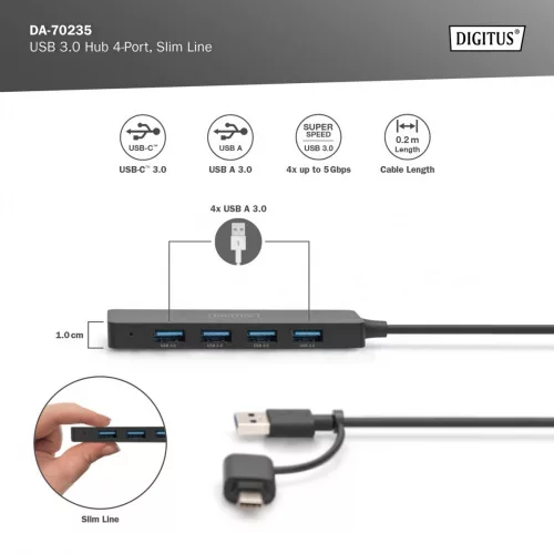 USB 3.0 Hub/4 portos Slimline USB A Hub + USB-C 5 Gbps adapter, USB-C tápcsatlakozó