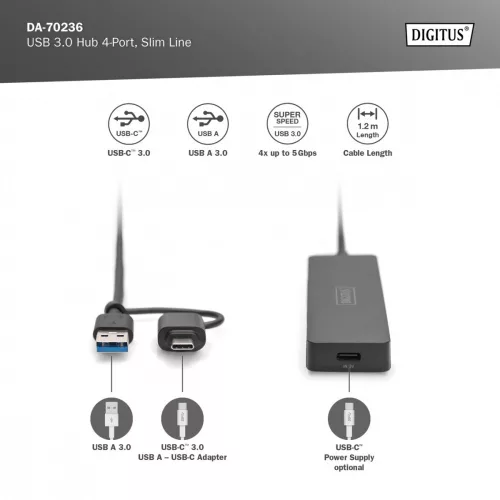 USB 3.0 Hub/4 portos Slimline USB A Hub + USB-C Adapter 1,2 m 5 Gbps, USB-C Tápcsatlakozó
