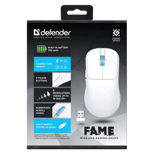 Defender vezeték nélküli egér Fame GM-516 RF+BT 10000dpi 6p fehér 52516
