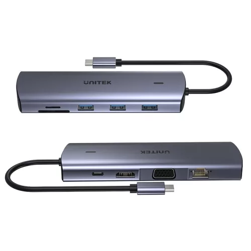 Unitek USB-C HUB 9in1, HDMI, VGA, SD, RJ45, 3x USB-A, PD 100W