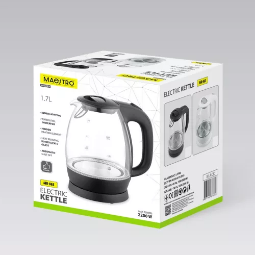 Elektromos üveg vízforraló 2200 W MR-063-fekete Maestro