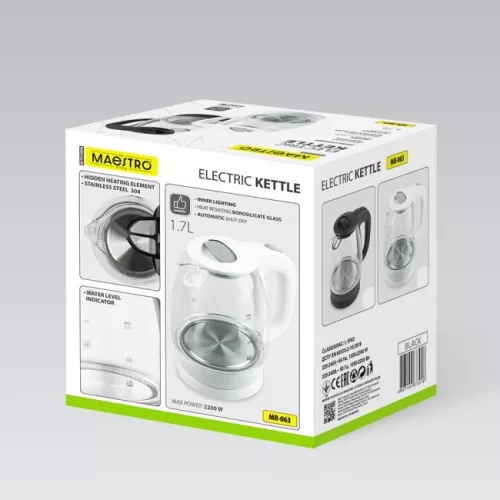 Elektromos üveg vízforraló 1,7 l 2200 W MR-063-fehér Maestro