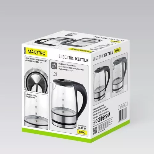 Elektromos üveg vízforraló 1630 W MR-062-fekete Maestro