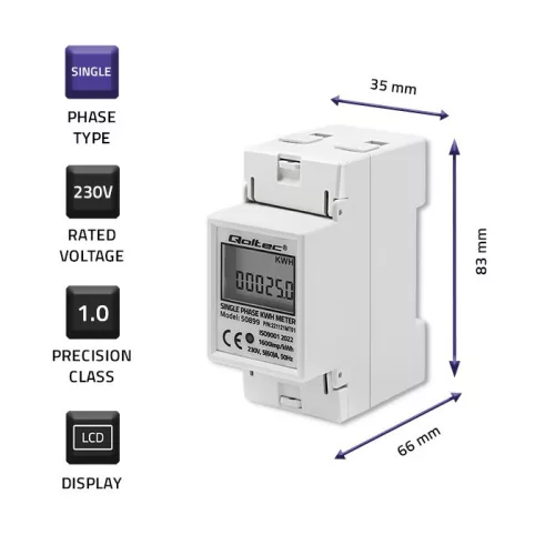 Egyfázisú elektronikus fogyasztásmérő | DIN sínre szerelhető fogyasztásmérő | 230 V | LCD | 2p