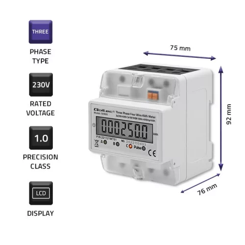 Háromfázisú elektronikus fogyasztásmérő | DIN sínre szerelhető fogyasztásmérő | 400 V | LCD | 4p