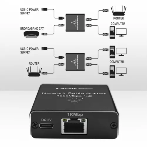 Elosztó mini kapcsoló 1x2 portos RJ45 | 1000mbps | USB-C | alumínium