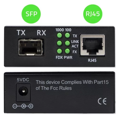 Kétirányú ethernet kapcsoló médiakonverter 1x RJ45 1x SFP | 1000mb/s | 5v