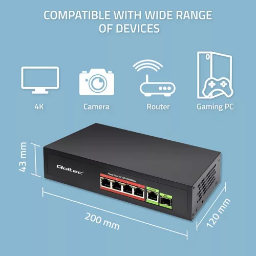 Hálózati switch gyors ethernet poe 4x rj45 poe 1x rj45 uplink 1x sfp | 65w | 1000mb/s