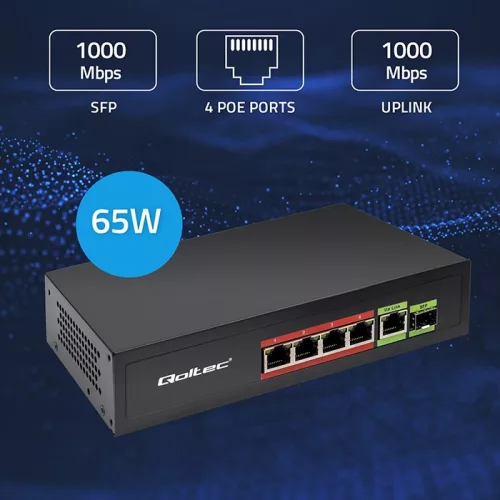Hálózati switch gyors ethernet poe 4x rj45 poe 1x rj45 uplink 1x sfp | 65w | 1000mb/s