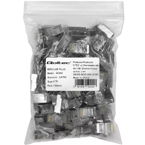 RJ45 moduláris csatlakozódugó | cat5e | ftp | aranyozott érintkezők | 100 darab