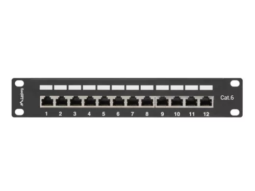 12 portos patchpanel, 1u, 10' hüvelykes, 6-os kategóriájú, árnyékolt, fekete