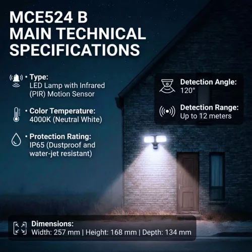 LED fali lámpa, PIR érzékelővel, MCE524B 20W, 1500lm, IP65. Semleges fehér 4000K, fekete