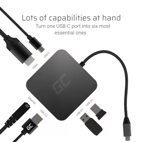 USB-C HUB GC 6 az 1-ben 3xUSB 3.0, HDMI, RJ45 (Ethernet), USB-C PD
